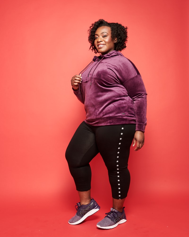 Plus size model with pear body shape wearing Lillybelle Velvet Quarter Zip  by Marc NY | Dia&Co | dia_product_style_image_id:115730
